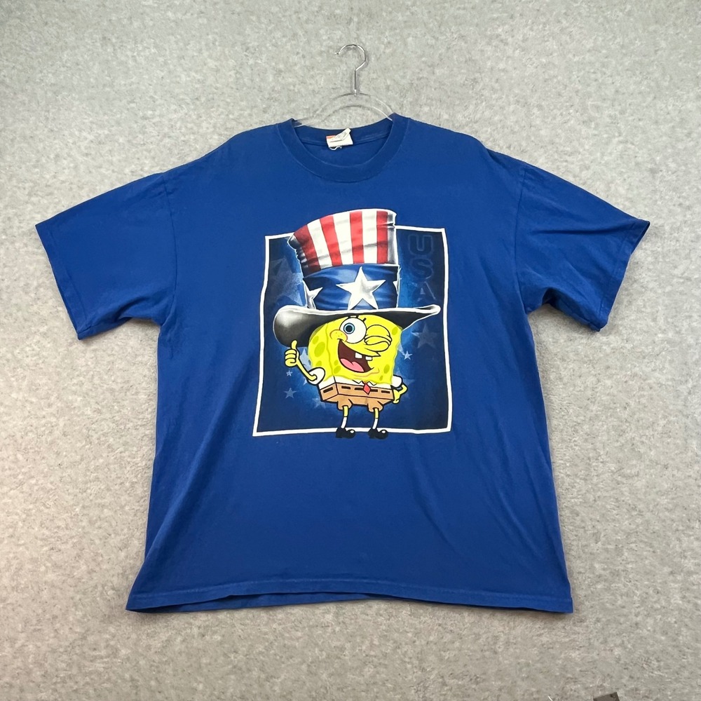 Vintage Spongebob Shirt y2k 2002 Patriotic Funny Cartoon Blue Nickolodeon XL‎